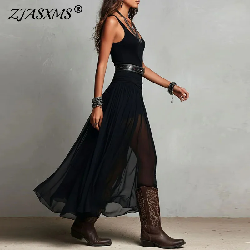 2026 Sommer Neues Schwarzes Trägerkleid für Damen mit Mesh-Einsätzen, Hoher Taille, Schlankem Boho-Stil, Elegantes Lässiges Urlaubs- und Party-Maxikleid