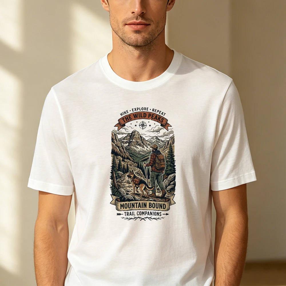 The Wild Peaks Hiker Dog Mountain Trail Graphic Men Summer T Shirt Hiking Companion Vintage Outdoor Short Sleeve Garment