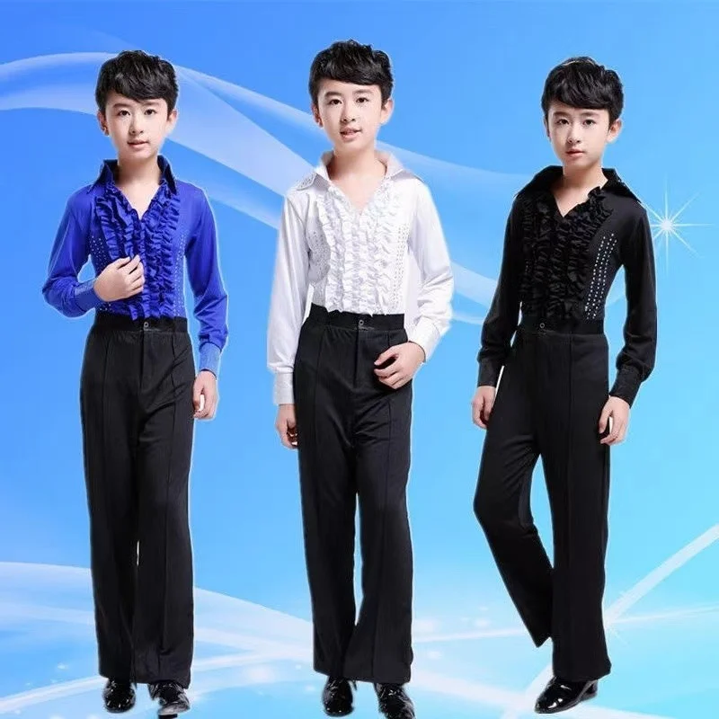 Long Sleeve Dress Shirts For Boys Dance Wear Latin Dancing Tango Mens Kids Morden Shirt Lace Ballroom Costumes Children