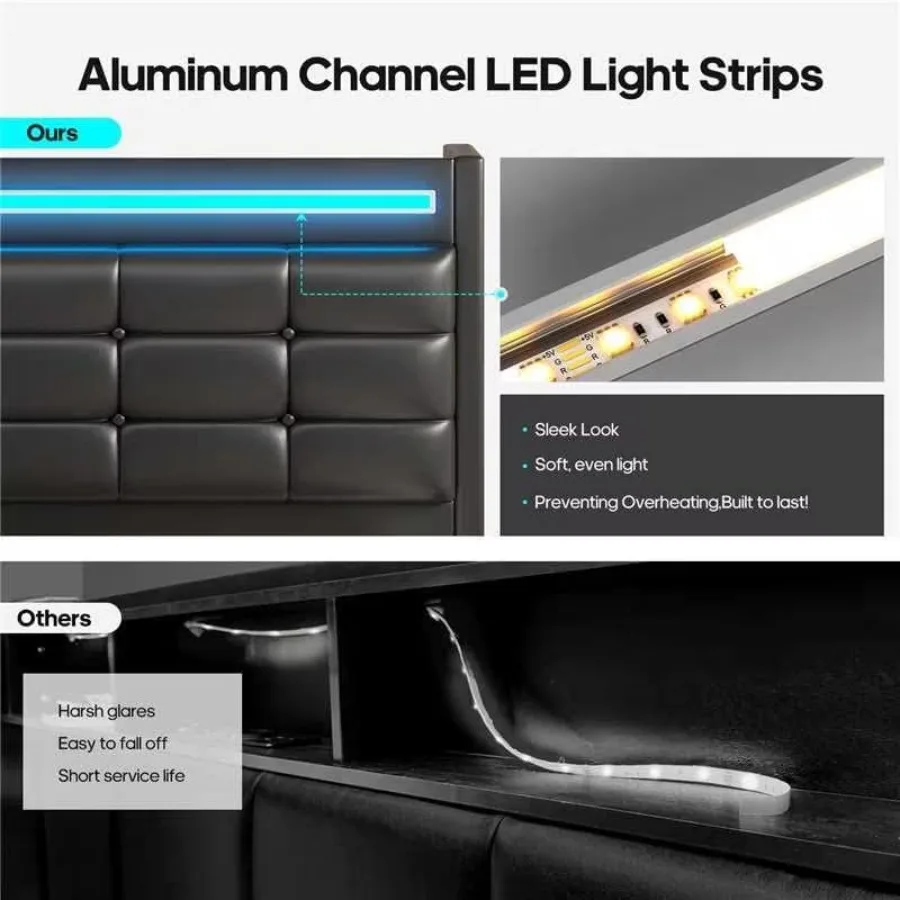 إطار سرير كوين مع لوح رأسي للتخزين و4 أدراج إطار سرير LED كوين مع محطة شحن سرير منجد من الجلد #4