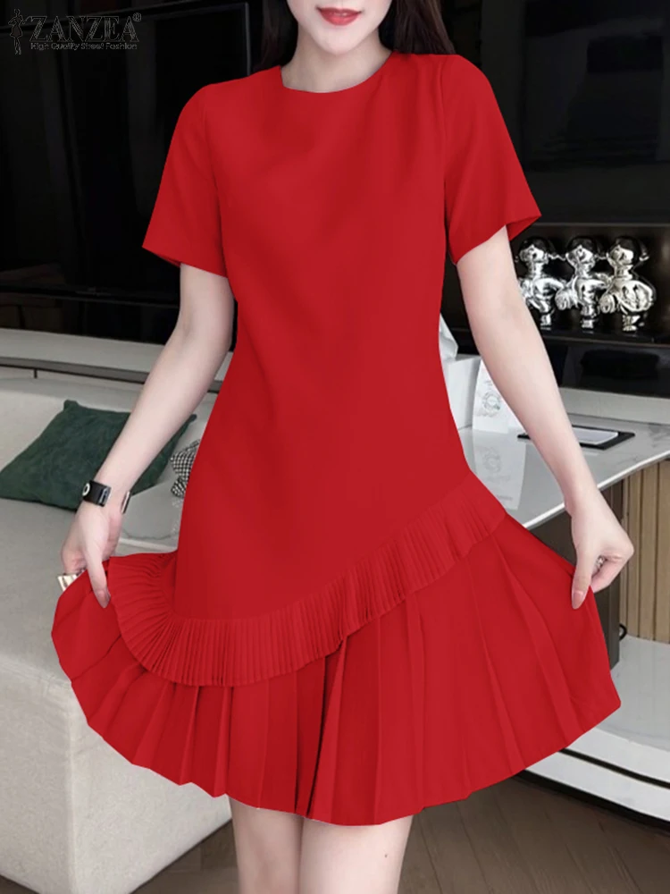 ZANZEA Elegant Women Short Sleeve Ruffles Hem Sundress 2024 Summer Dress Fashion Casual Solid Pleated Dresses A Line Vestidos