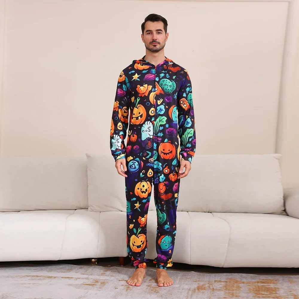 New 2024 Halloween Family Matching Outfits Pumpkin Allover Print Hooded One-Piece Suit Pajamas Zipper Romper Overalls Clothing