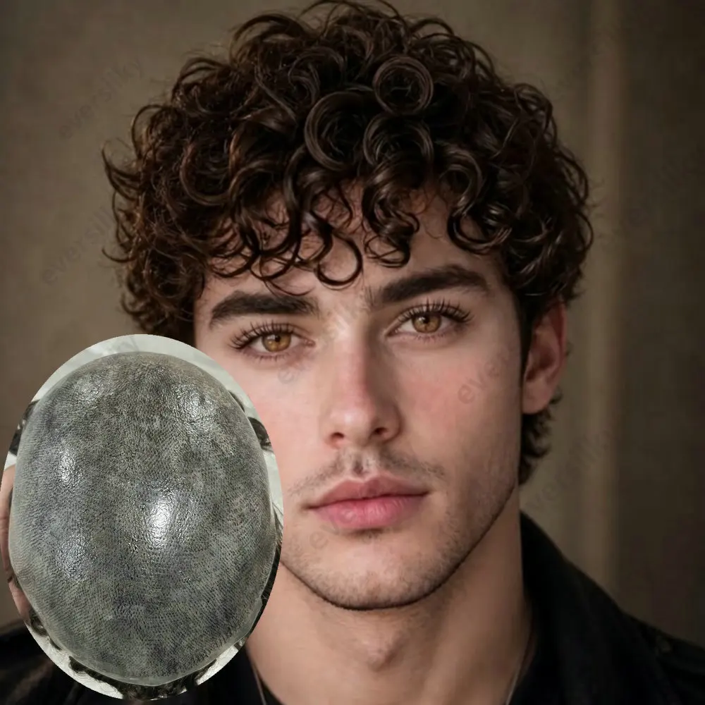 Herren-Toupet aus Echthaar, 20 mm, lockig, dünne PU-Haut, männliche Haarprothese, indisches Remy-Haarsystem, natürlicher Haaransatz, Herrenperücke – Detail 2