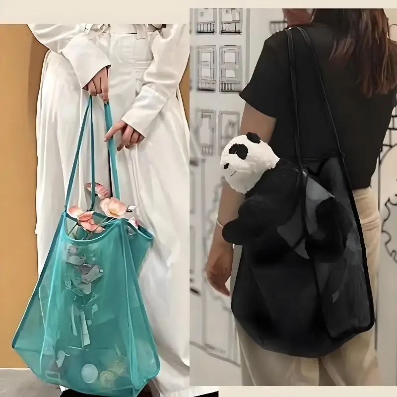 Women's Tote Bag Mesh Shoulder Shopping Bag Fashionable Versatile,black,khaki Available Large Capacity Lightweight Transparent