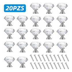 Diamond-shaped crystal glass knobs, 20 pieces/set, 30mm, handles for drawers, kitchen cabinets, wardrobe doors