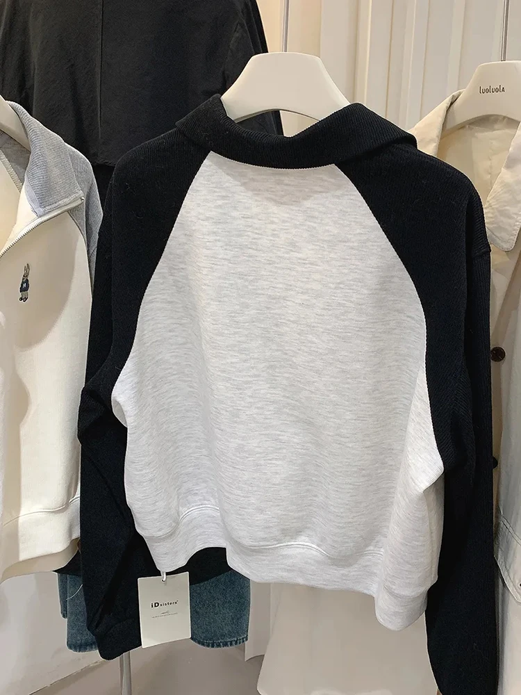 Neue Frauen Halb Zipper Kontrast Kragen mit Fleece Hoodie Herbst Winter Koreanische Casual Stickerei Pullover frauen Lose Top