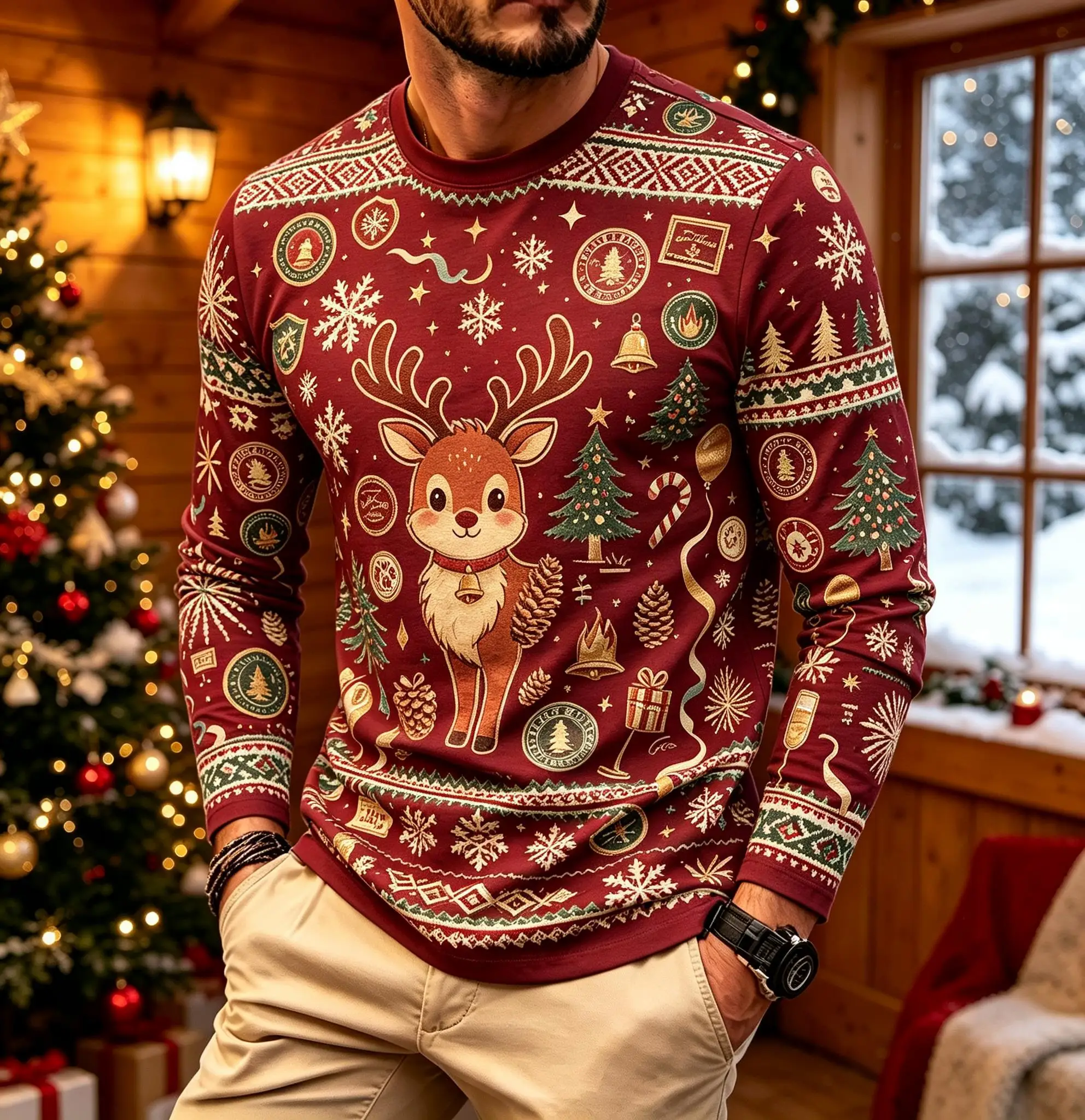 Festive Cute Reindeer Snowflake Christmas Tree Print Men Long Sleeve T-shirt, Winter Holiday Daily Casual Wear Top