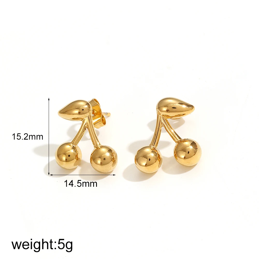 Neue Edelstahl-Ohrstecker im schicken Kirschdesign, goldfarben, 18K PVD-beschichtet, wasserbeständig, Charm-Schmuck – Detail 7