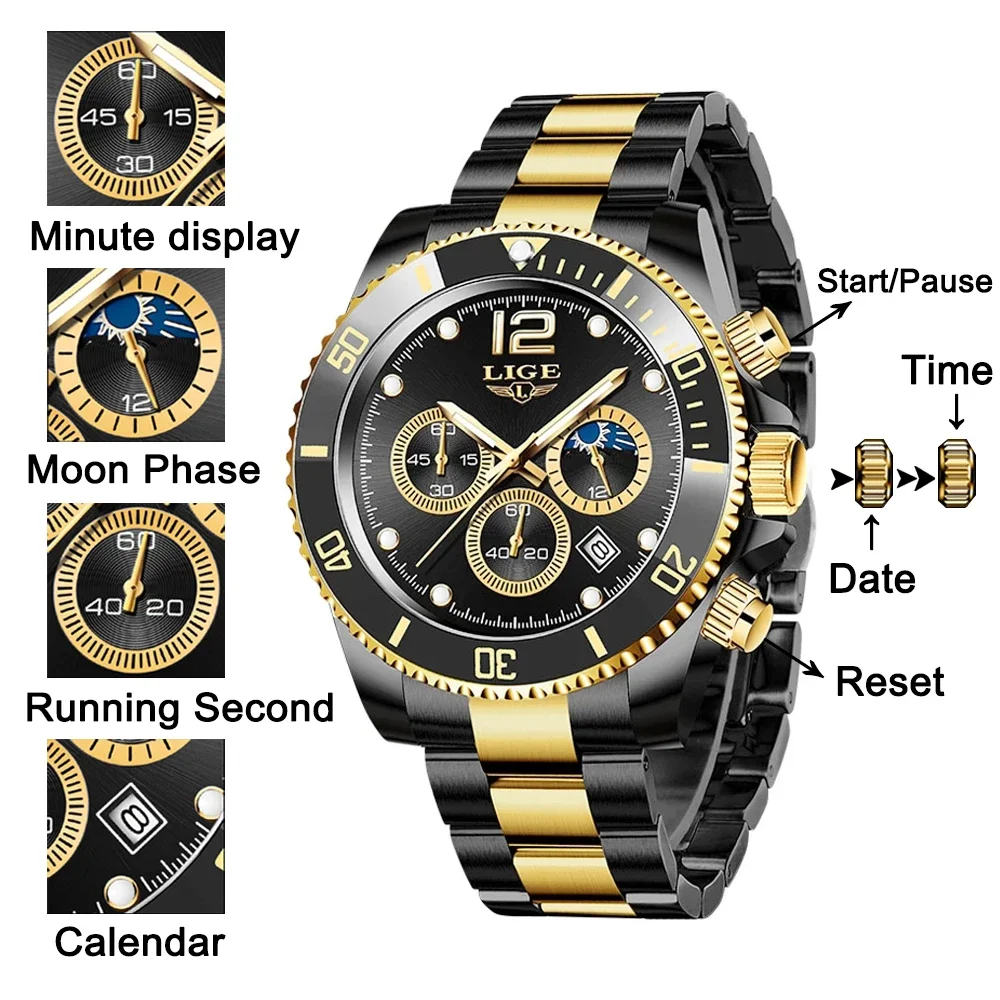 LIGE Top Brand Luxury Man Watch Business Stainless Steel Quartz Wristwatches Luminous Waterproof Watches Men Clock Gift+Box