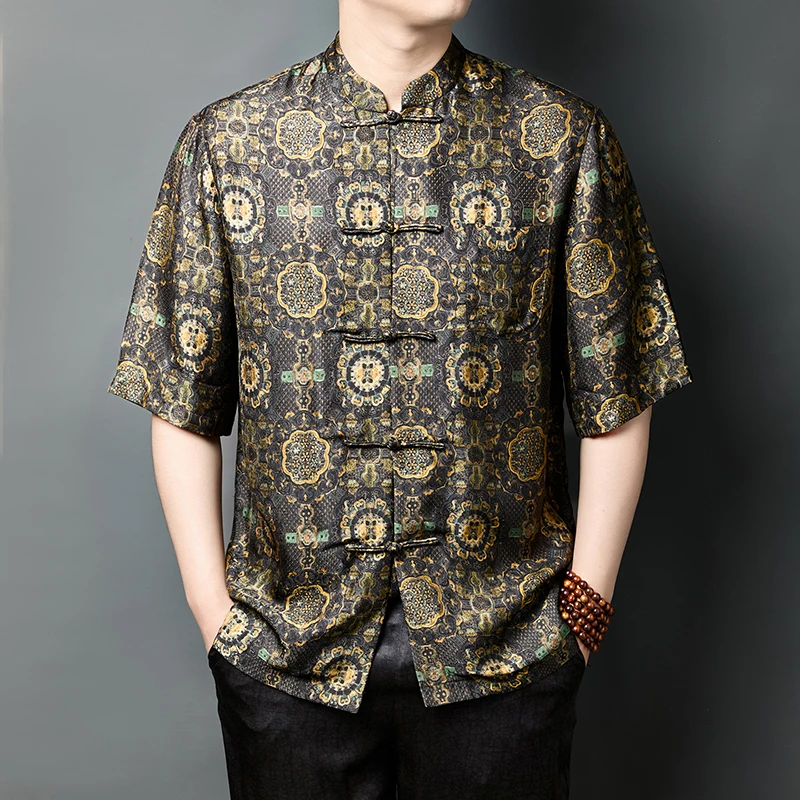 

HT0906 Tang Costume Buttoned Shirts For Men Half Sleeve Coolness Summer High Quality Viscose Silky Comfortable Camisas De Hombre