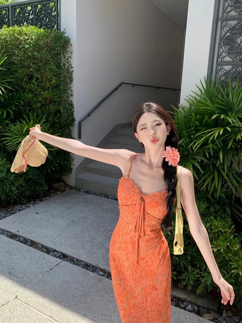 Summer Floral Print Chiffon Dress Women\'s Belted White Orange Strap Beach Vacation Long Skirt High Waist V-Neck A-Line Gown