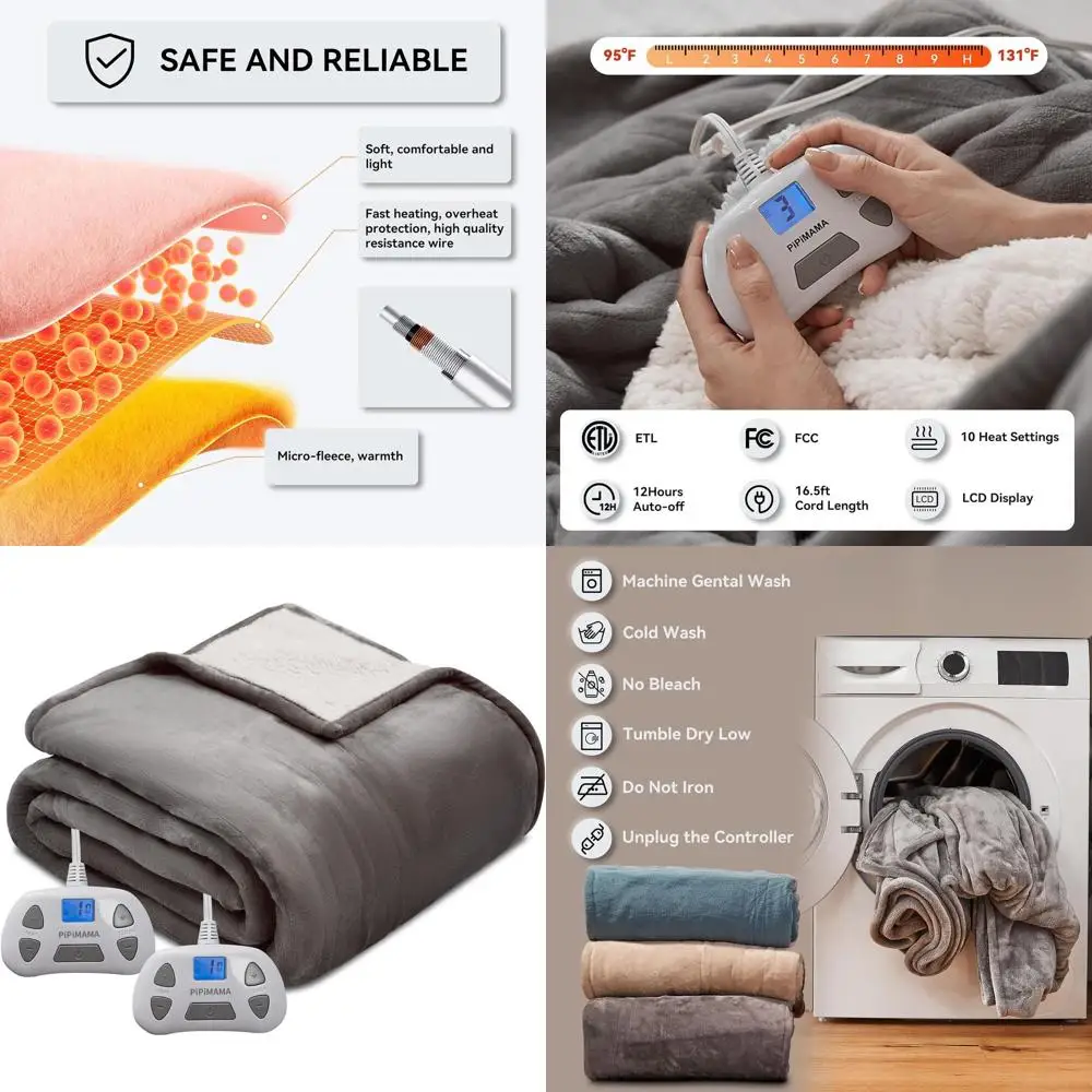 

Queen Size Dual Control Electric Blanket - 84x90 Lannel & Sherpa, 10 Heat Levels, 12-Hour Auto-Off, Machine Washable, Grey