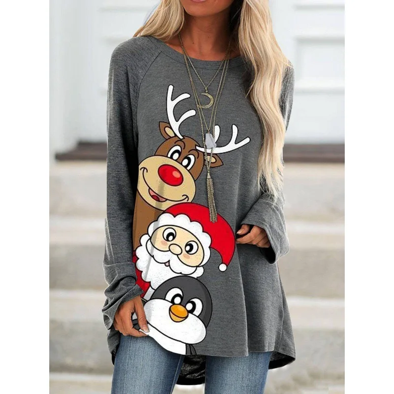 2024 3D Christmas Snowman Print Women\'s Long Sleeve T-Shirt Loose O Neck Pullover Fashion Harajuku Street Oversized Y2K Clothing