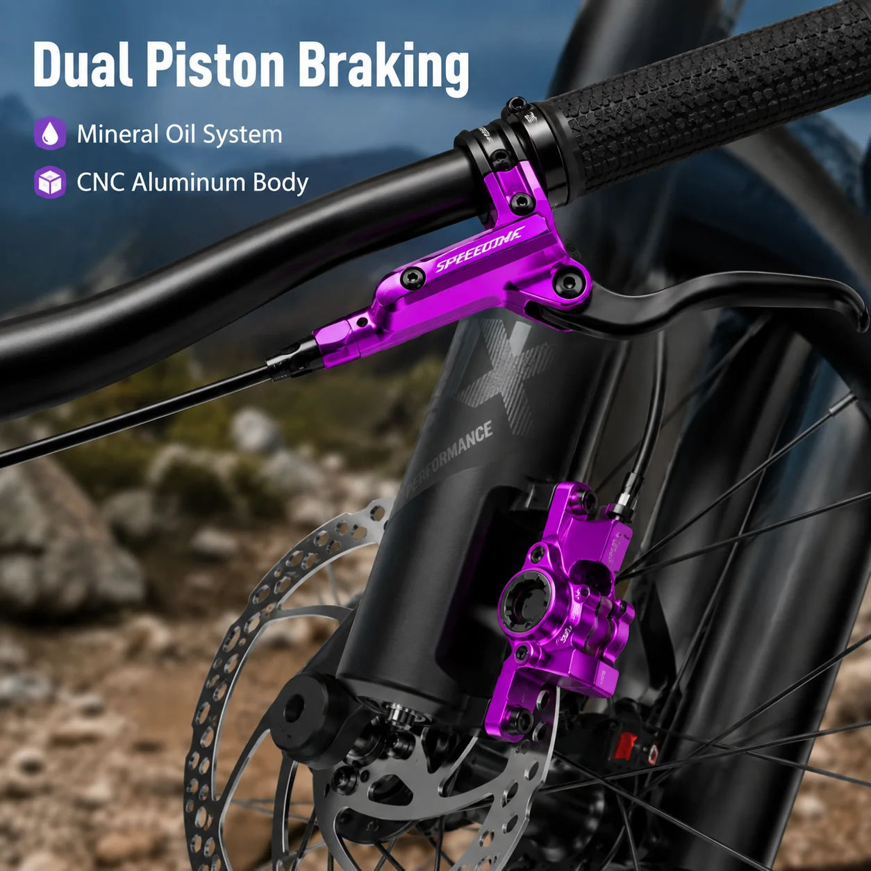 SPEEDONE Dual Piston MTB Hydraulic Disc Brake Set CNC Aluminum Mineral Oil Lever Caliper Internal Routing Split Rear Brake