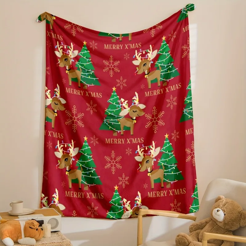 Christmas Tree Cute Deer Flannel Blanket Gift Blanket for Adults Soft and Cozy Blanket Warm Gift Camping and Travel Blankets