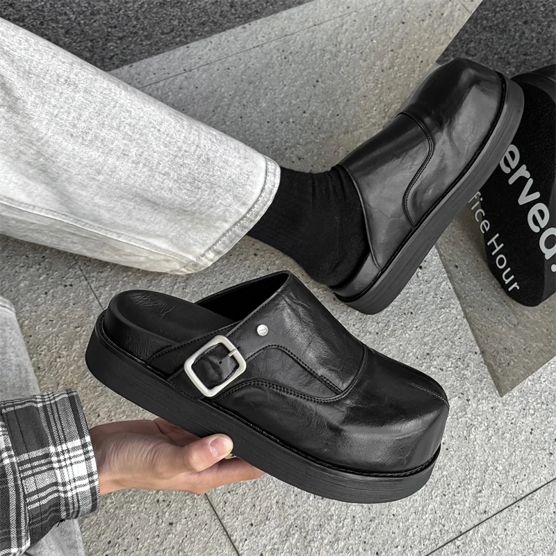 

Black Leather Platform Mules Buckle Closed Toe Thick Sole Slip On Half Slippers Unisex Casual Height Boost Outdoor Walking Clogs