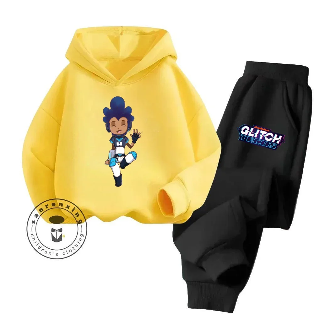 Glitch Techs Cartoon Exquisite Detail Design Street Popular Hip Hop Style Children's Autumn and Winter Long Sleeve Hoodie Set