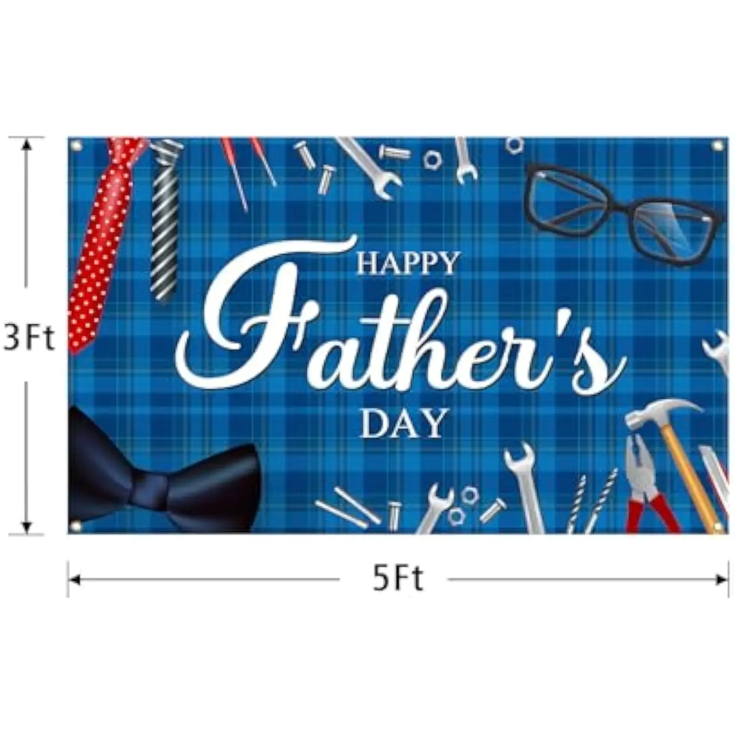 Happy Father's Day Banner Flag Blue Plaid Tools Theme Yard Sign for Dad Papa Grandpa Decor