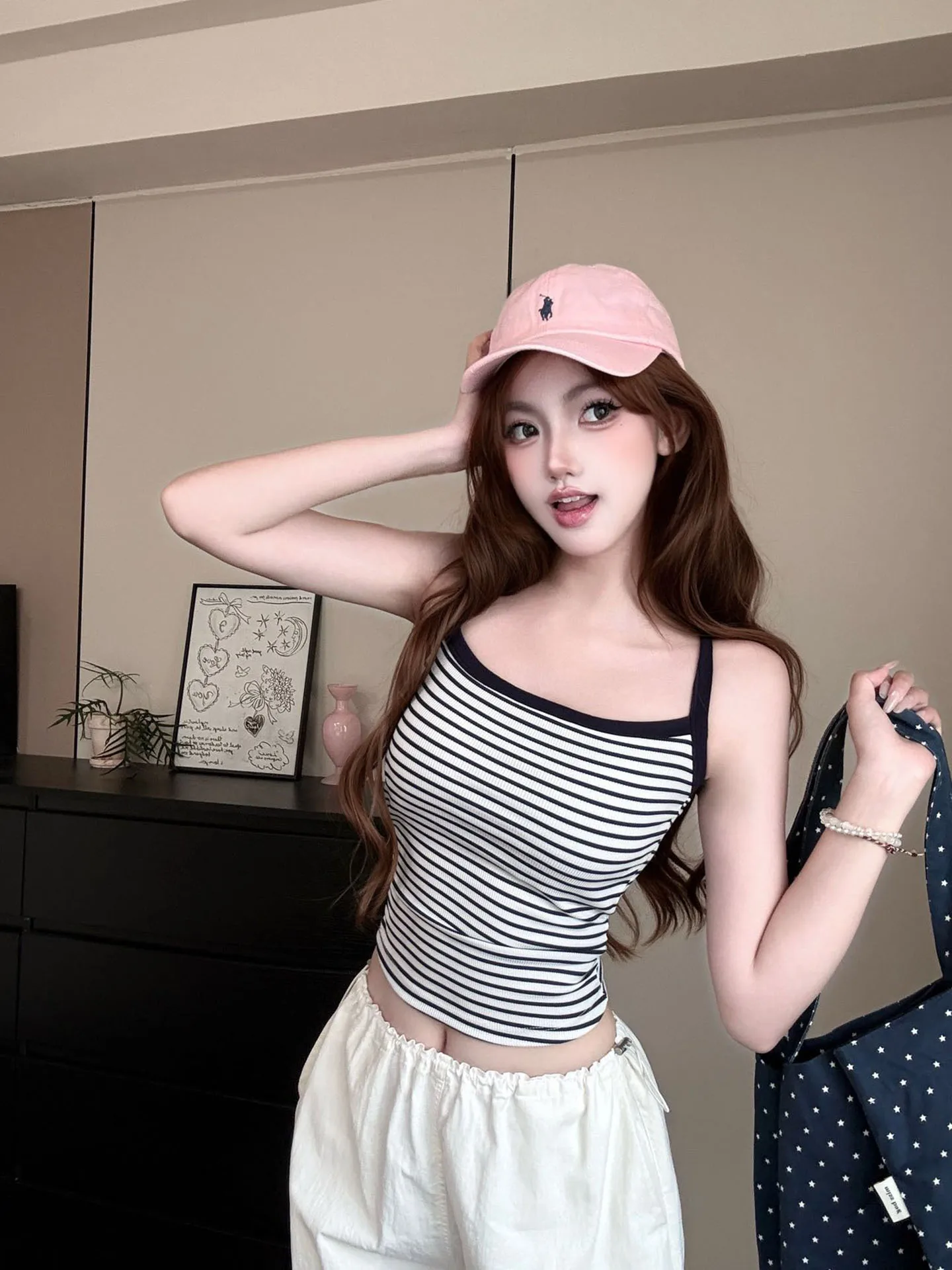 Korean Style Sexy Color Block Stripe Strap Vest Women Summer with Chest Pad Slimming Backless Spicy Girl Top Commute Style