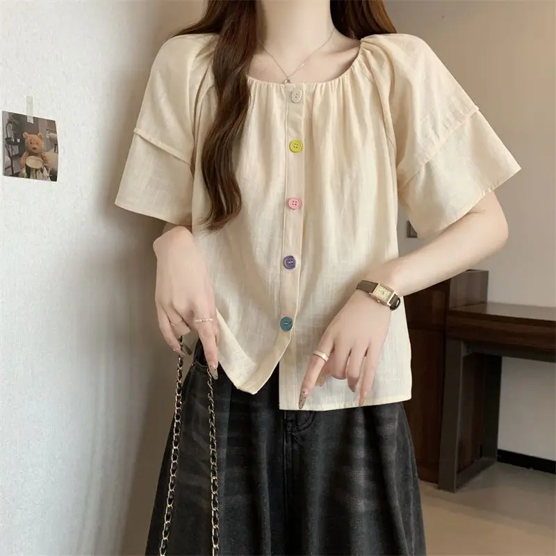 Summer New Korean Solid Color Loos Blouse Short Sleeve O-neck Pleated Simplicity Sweet Shirt Tops Fashion Casual Women Clothing