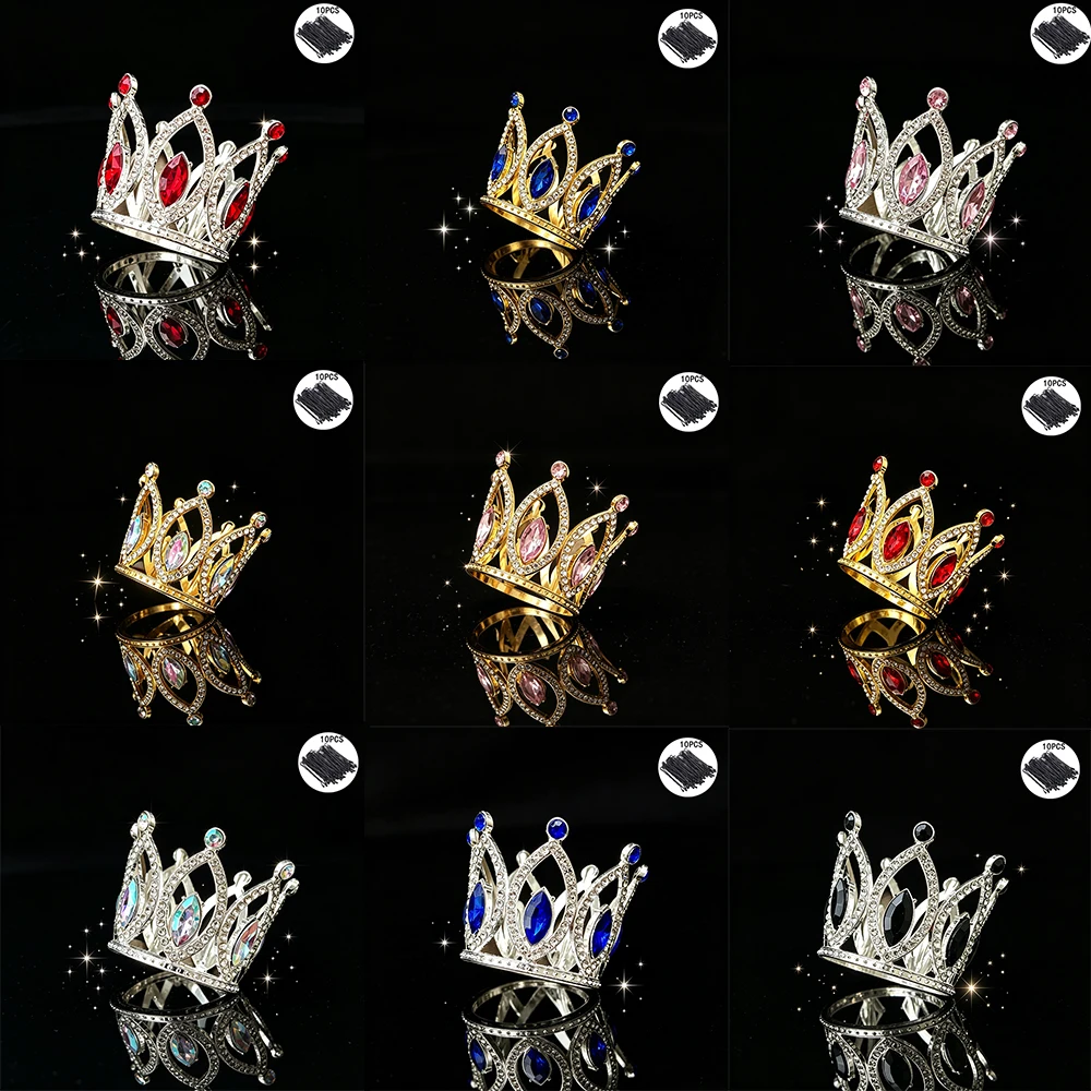 Fashion Full Round Crystal Crown, Rhinestone Mini Tiara with 10Pcs Bobby Pins Elegant Royal Headpiece Cake Topper