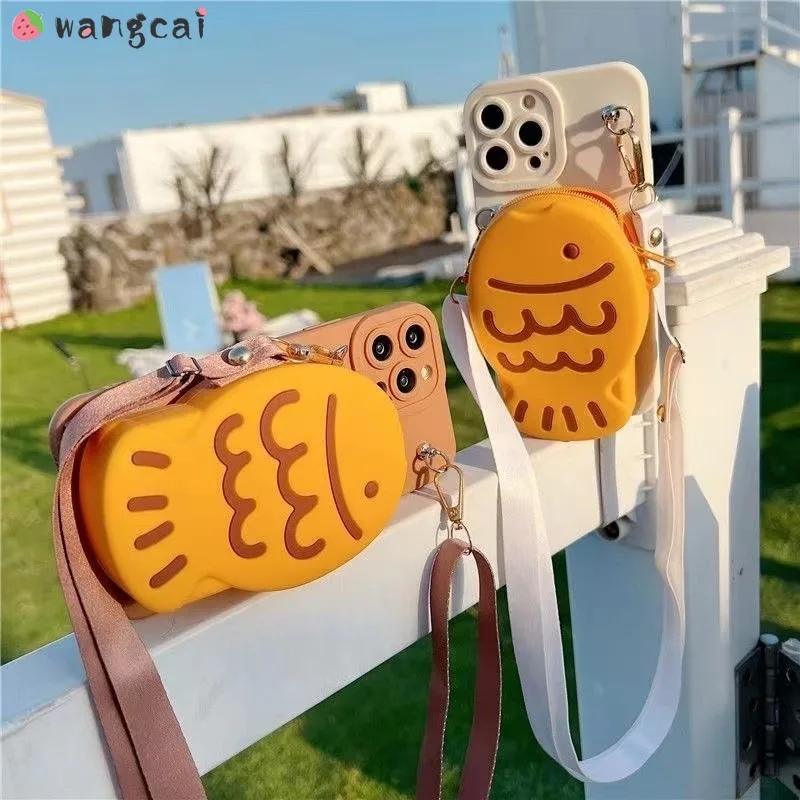 Taiyaki Coin Purse Wallet Phone Cover For iPhone 15 14 Plus 13 12 11 Pro Max XS Max XR X 8 7 6 6s Plus SE Silicone Case+Lanyard