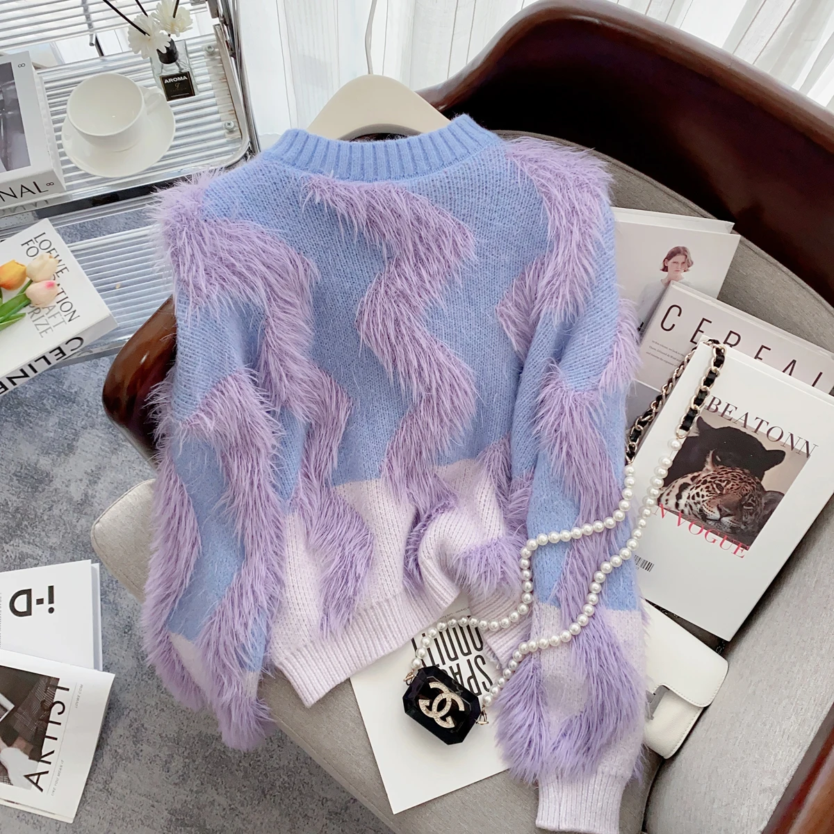 Wave Striped Faux Mink Sweater Crop Tops Women Stylish Fashion Streetwear Chic Jumpers Pullovers Long Sleeve Round Neck Knitwear