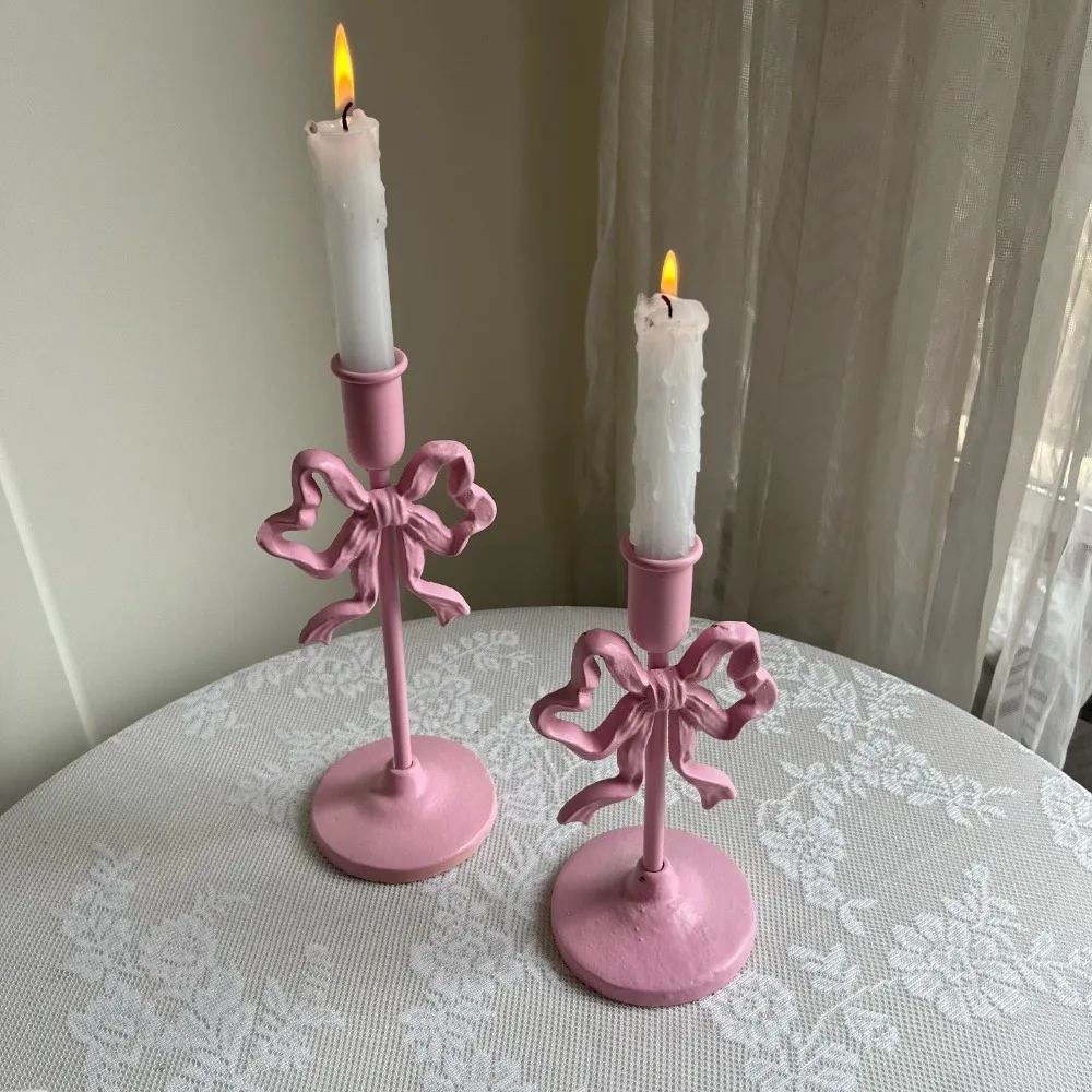 French wrought iron ins style pink bow candlestick window ornament wedding western food decoration candlestick European style