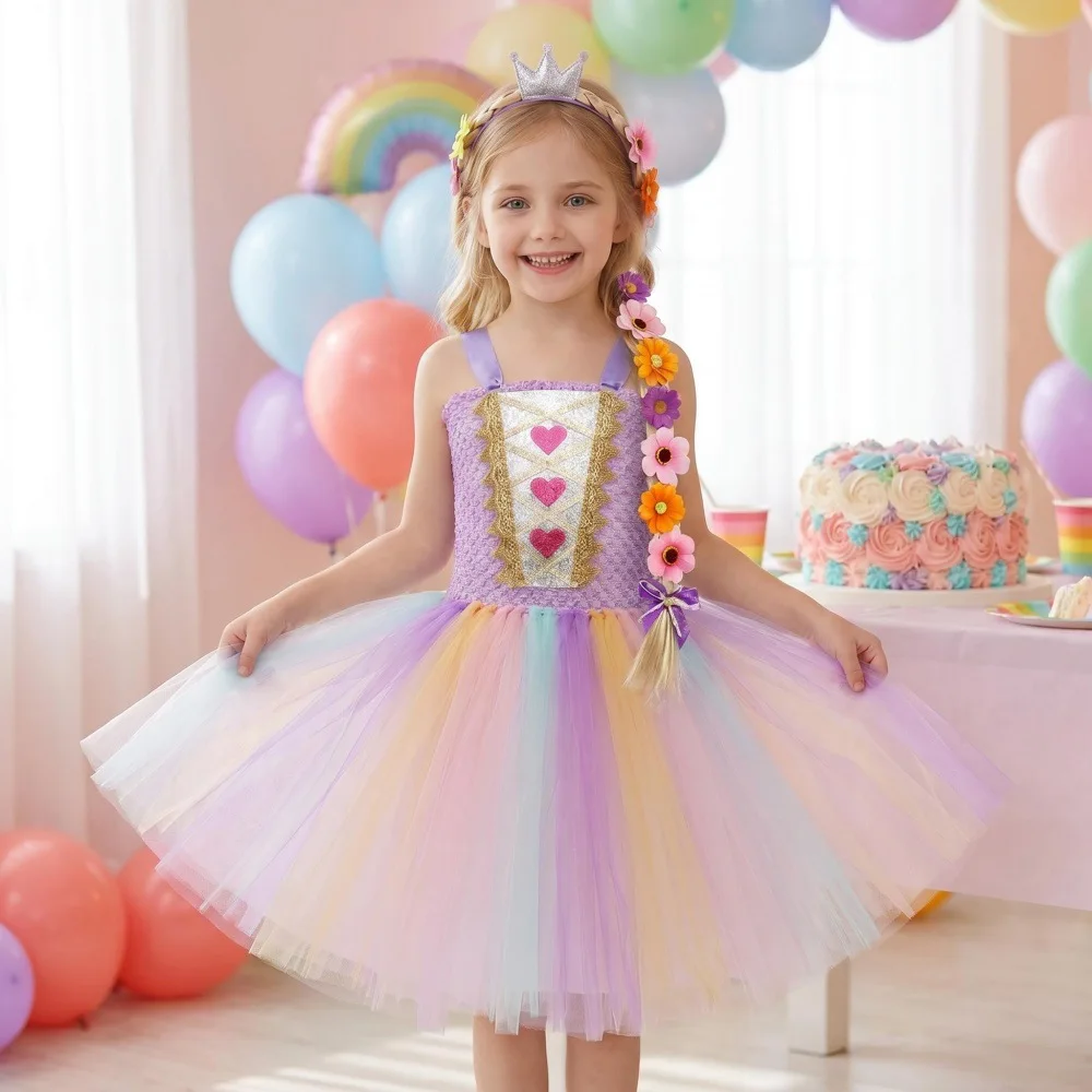 Heart Pattern Tulle Tutu Dress Fluffy Layered Mesh Gown Pastel Rainbow Skirt Elegant Princess Style Soft Sheer Delicate Apparel