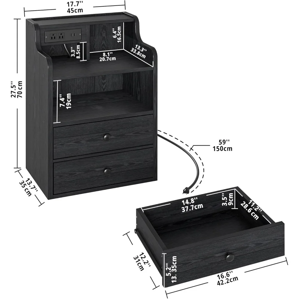 Nightstand with LED Charging Station 2 Drawers and Storage Shelves, Left and Right Interchangeable Sockets Bed Side Table Night