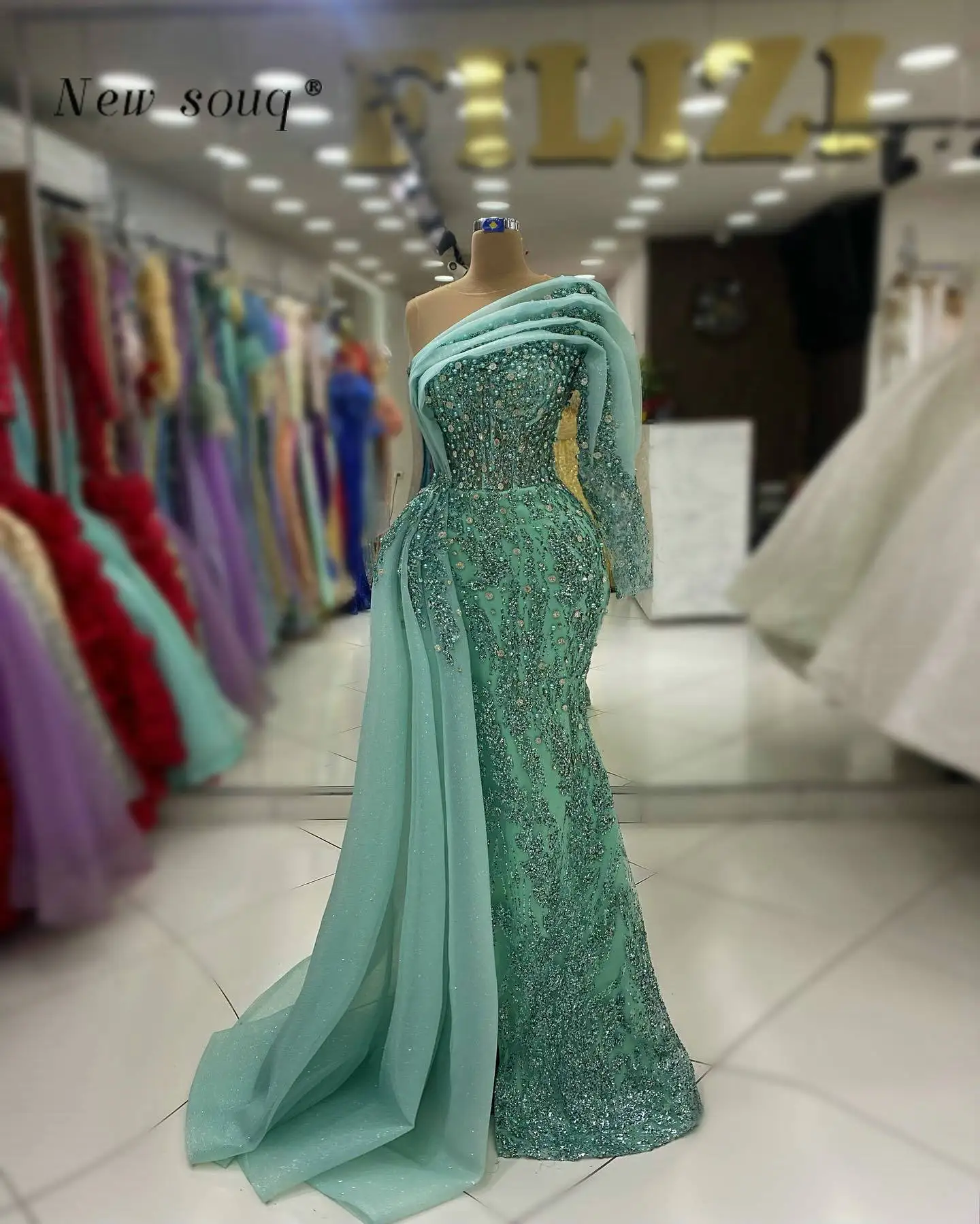 Elegant Mint Green One Shoulder Mermaid Evening Dresses with Side Train Arabic Formal Occasions Women\'s Gowns for Wedding Wear