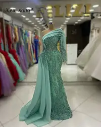 Elegant Mint Green One Shoulder Mermaid Evening Dresses with Side Train Arabic Formal Occasions Women's Gowns for Wedding Wear