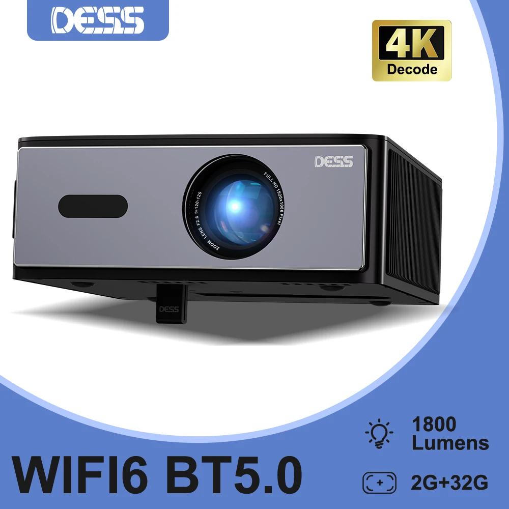 DESS 4k Projector Full HD Native 1080P 1800 Lumens Home Theater Auto Keystone 32GB Storage Memory Video Audio LCD Projector