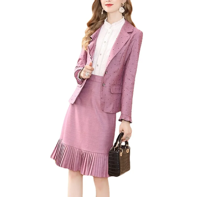

Pink polka dot jacket + pleated skirt suit two-piece women's autumn dress 2022 new ladies