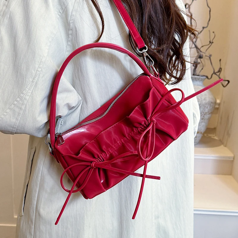 Schicke Umhängetasche mit Schleife und plissiertem Kordelzug, zylindrische Handtasche, Damen-Kissentasche mit abnehmbarem Riemen, Reißverschluss oben – Detail 20