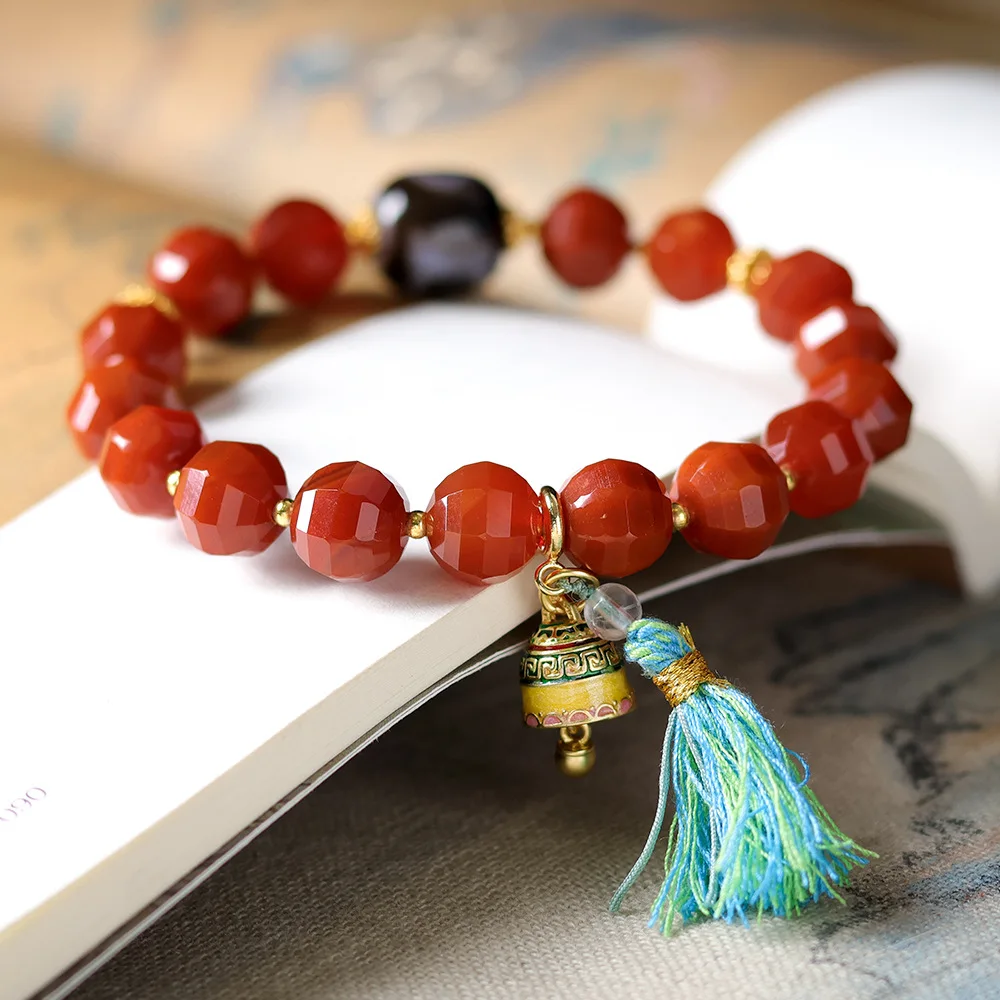 Faceted South Red Agate Beaded Bracelet with Tibetan Style Two Eye Dzi Bead Original Design Handmade Bracelet Gifts