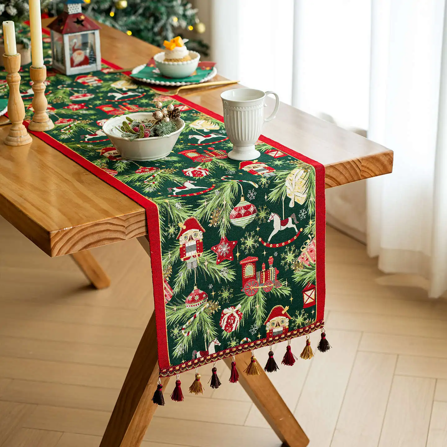 Christmas Table Runner Father Christmas Deer Long Tablecloth Kitchen Dining Table Decoration Fabric Holiday Party Home Decor