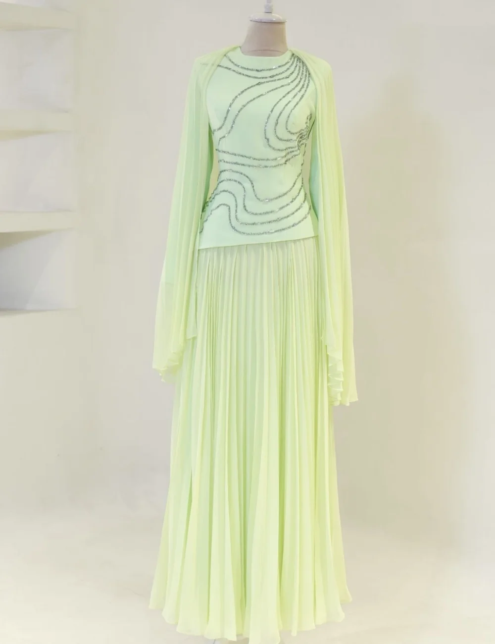 

Customized Green Modest Fashion Chiffon Pleat Draped Beading Rhinestone A-line High Collar Long Dresses Evening Dresses Formal