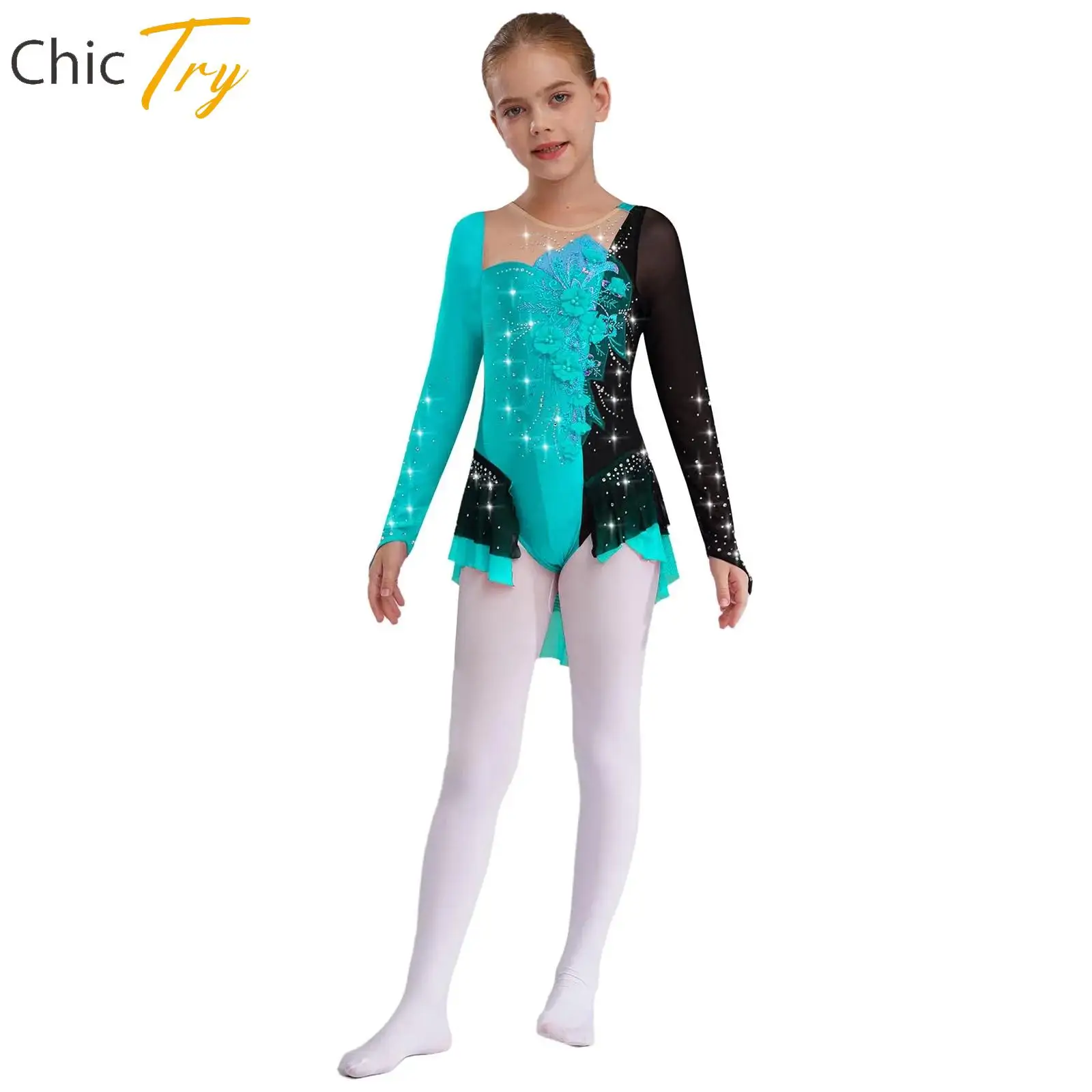 

Kids Girls Applique Shiny Rhinestones Ballet Dance Gymnastics Performance Costume Long Sleeve Lyrical Modern Skating Dance Dress