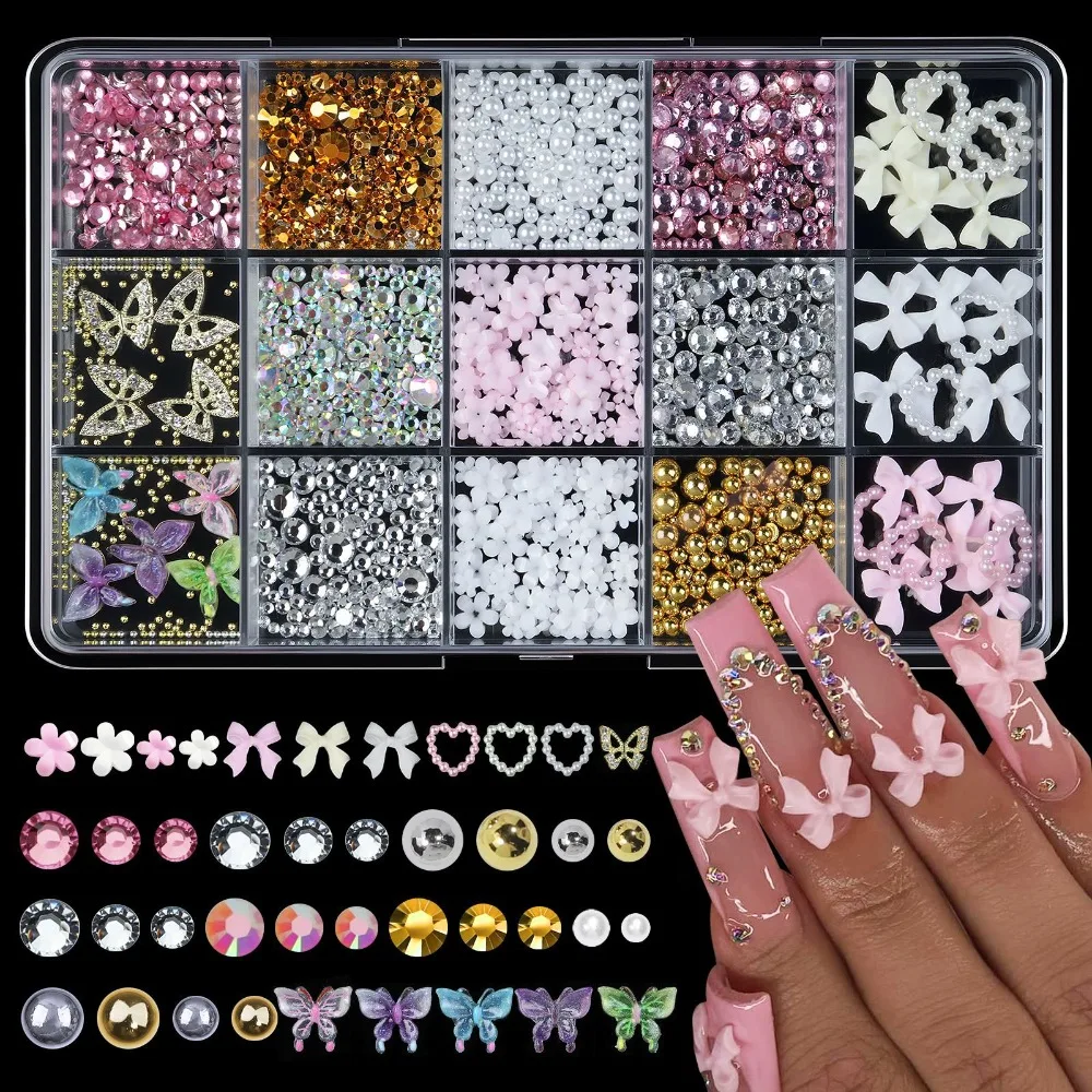 

15Grids/Box Mixed Bowknot Pearl Heart 3D Nail Charms Resin Flatback Nail Rhinestones Flower Cherry Strawberry