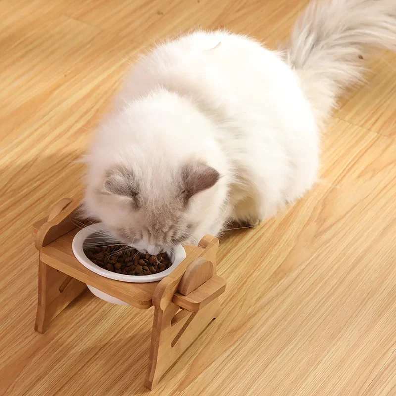 

Cute Stand Raised Dish Cat Supplies Pets Feeder Ceramic Water Dog Bowl Double Table Wooden Food Pet