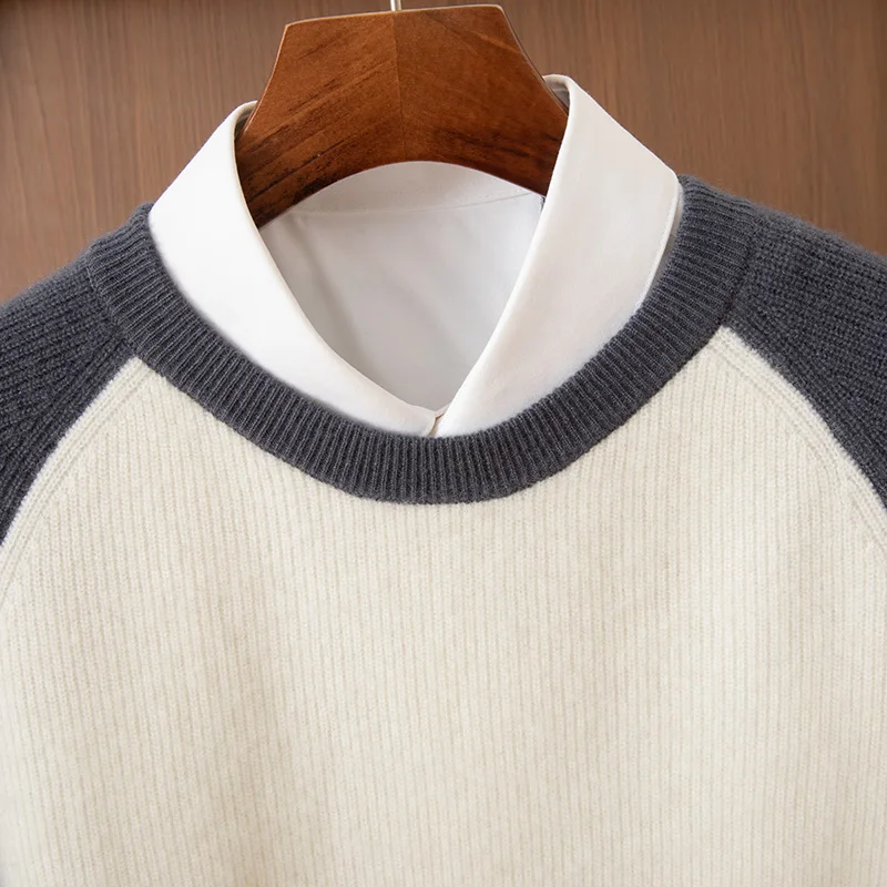 Мужской пуловер с круглым вырезом и цветными блоками, свитер из 100% чистого кашемира, осень-зима, свободный джемпер с длинными рукавами, кашемировый утепленный топ
