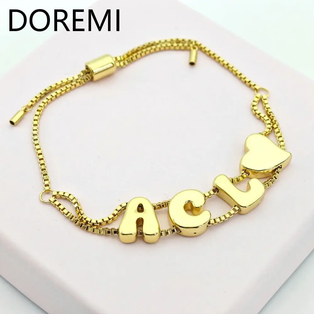 DOREMI Plain Letters Bubble Fat Initial Letter Name Bracelet Slide Beads Women Gold Bubble Custom Letter Bracelet Gift