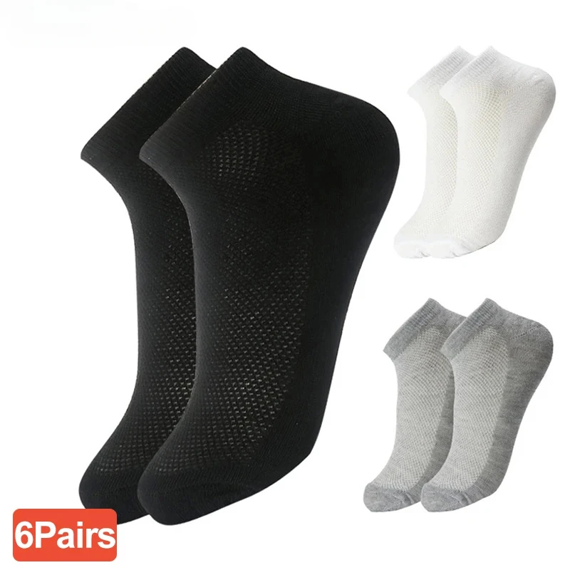 

6 Pairs Breathable Men's Socks Short Ankle Elastic Solid Color Mesh High Quality Cotton Business Unisex Sokken Plus Size EU38-47