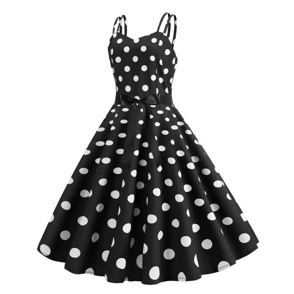 V Neck Dress Elegant Retro A-line Midi Dress with Bow Decor Dot Print for Women for Parties Weddings Proms Sleeveless Dress