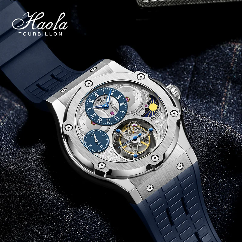 Haofa Moon GMT Flying Tourbillon Watch for Men Manual Mechanical Mens Sapphire Waterproof Wristwatches Luxury Day And Night 1919