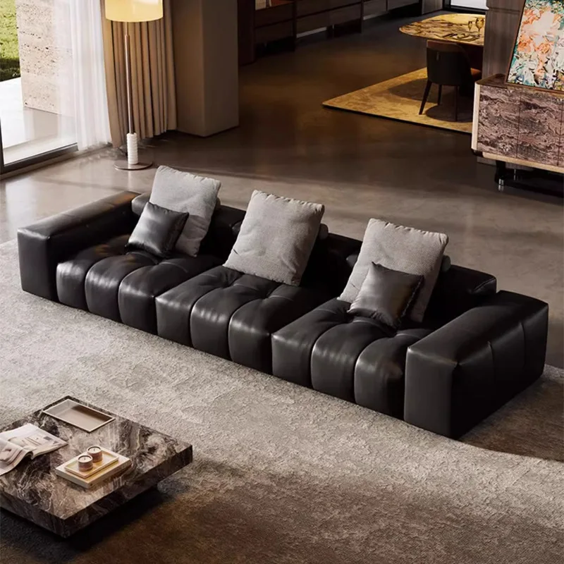 Pixel leather sofa black living room large flat layer Italian minimalist designer first layer cowhide straight row sofa