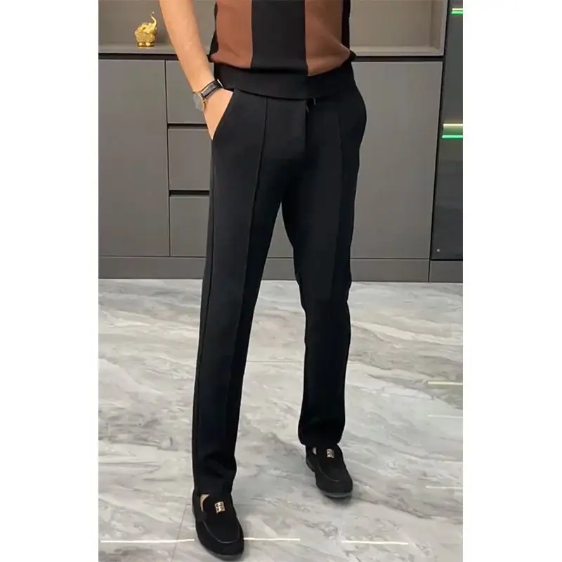 Simplicity Trend Spring Autumn Suit Pants Men Solid Pockets Zipper Smart Casual Office Social Slim Bound Feet Straight Trousers