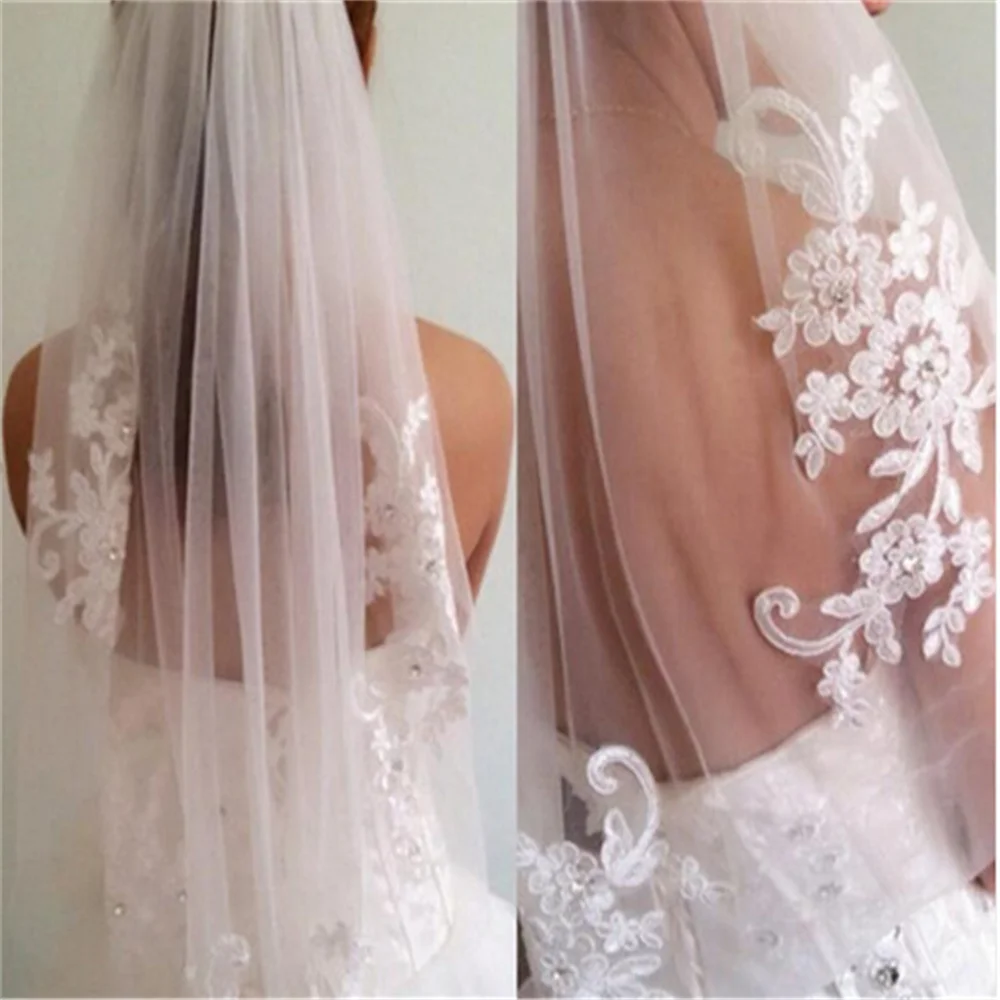 

Tulle White Ivory Bridal Wedding Veil 5 Flowers Appliqued Beading Crystal One Layer Veil Bride Accessories With Comb