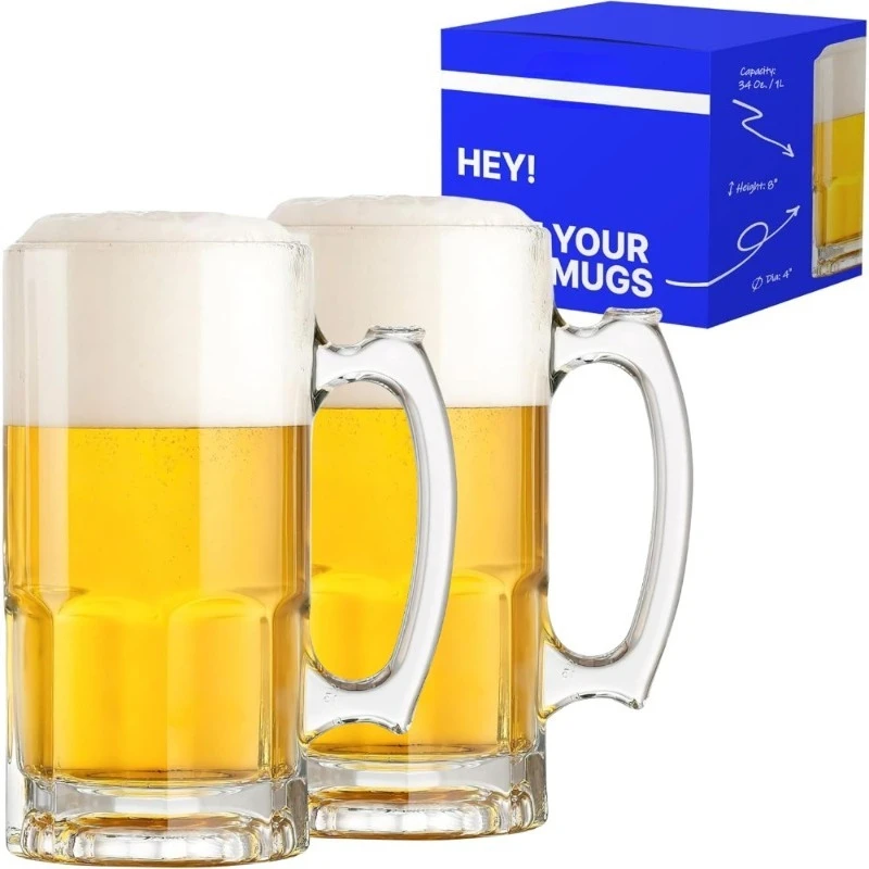 

Glass Beer Mugs with Handle Large 1 Liter Heavy Beer Stein Root Beer Gift Set of 2 for Men Dad Father Boyfriend Brother